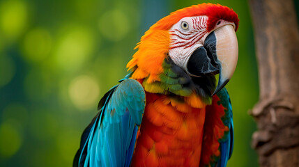 Naklejka premium Tropical macaw perched, vibrant feathers in focus. Generative AI