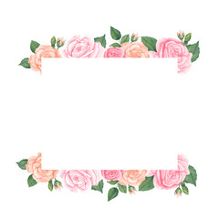 Watercolor frame with pink peach Roses and green leaves. Hand drawn illustration for greeting cards or wedding invitations on isolated background