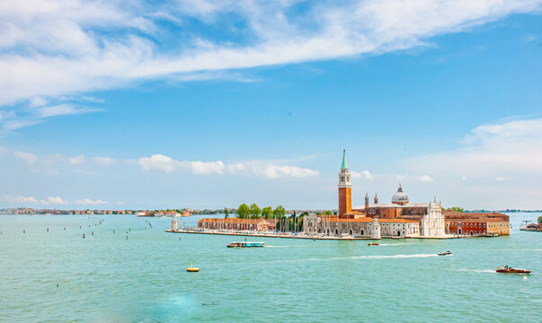 Front view, far distance of, St. Marks cathedral and all the historic building on Venice island, Italy blue sky, 