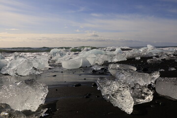 View of the diamond beach which lies south of the Vatnajökull glacier between the Vatnajökull National Park and the town of Höfn.
