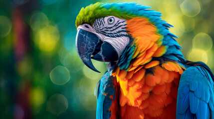 Fototapeta premium Tropical macaw perched, vibrant feathers in focus. Generative AI