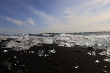 View of the diamond beach which lies south of the Vatnajökull glacier between the Vatnajökull National Park and the town of Höfn.