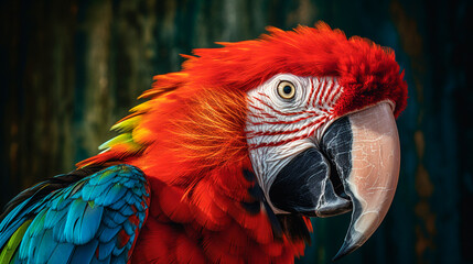 Fototapeta premium Tropical macaw perched, vibrant feathers in focus. Generative AI