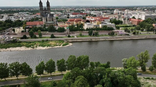 aerial view of magdeburg, looking towards the city centre, river elbe in the foreground