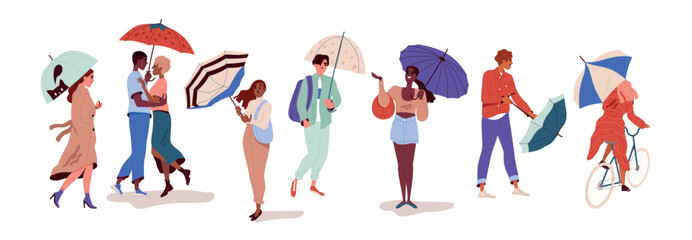 People walking with umbrellas. Characters walk down street and ride bike in warm and cold rainy weather. Happy men and women hold parasols. Cartoon flat vector collection isolated on white background