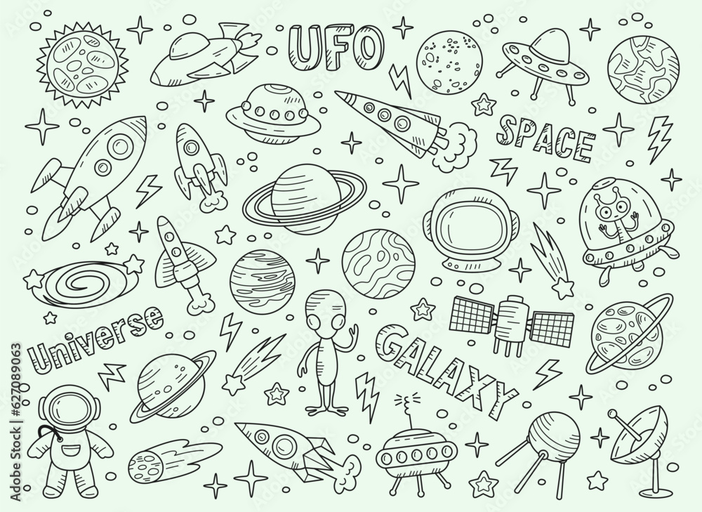 Poster outline icons with space. monochrome retro print with ufo elements and space ships, planets and come