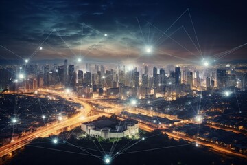 Fototapeta na wymiar Modern cityscape showcasing telecommunication, IoT, and ICT concepts.