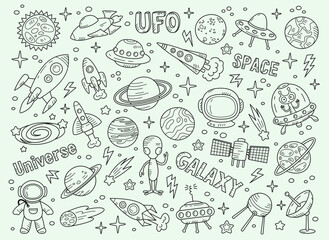 Outline icons with space. Monochrome retro print with ufo elements and space ships, planets and comets, aliens and astronaut. Astronomy, stars and universe concept. Linear flat vector collection