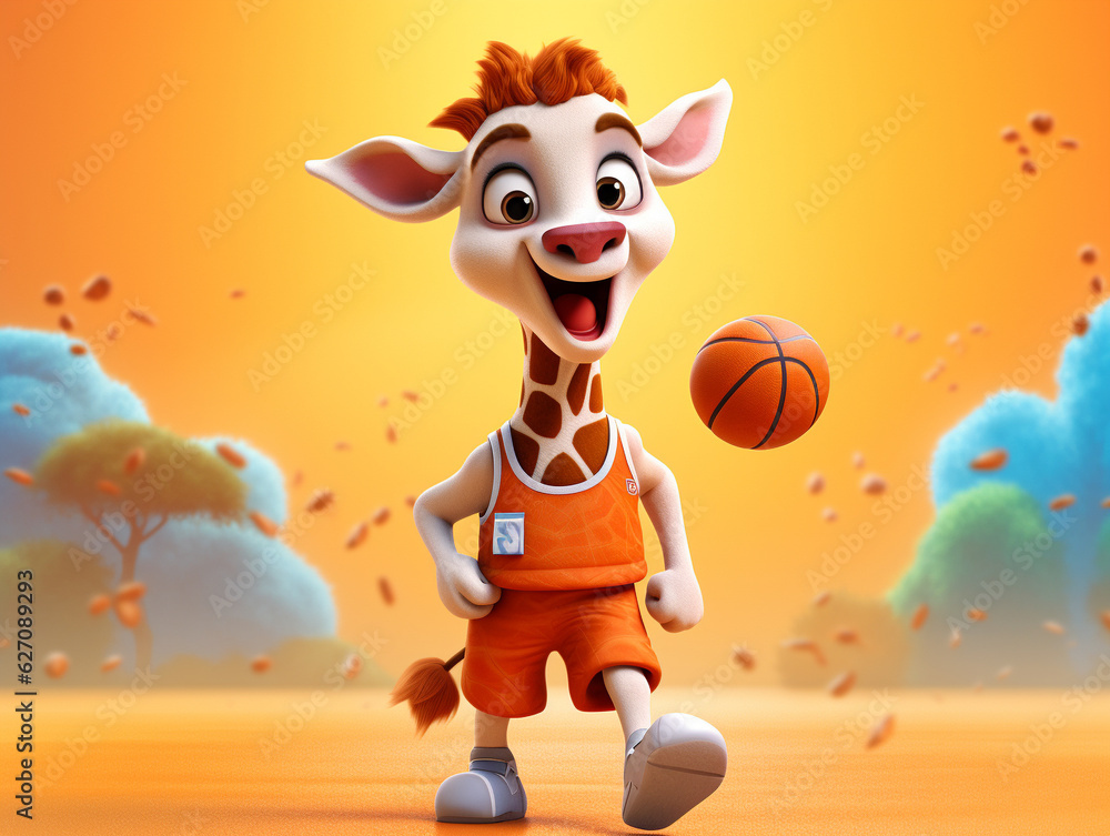 Wall mural A Cute 3D Giraffe Playing Basketball on a Solid Color Background | Generative AI