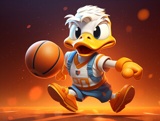 A Cute 3D Duck Playing Basketball on a Solid Color Background | Generative AI