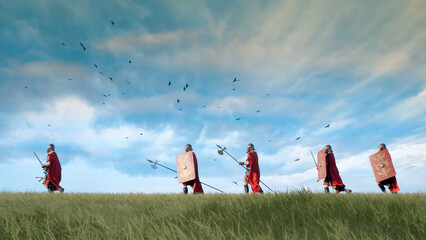 Roman soldiers and crows attack in a green field on a cloudy day.