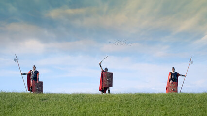 Roman soldier standing in a green field at boundary.