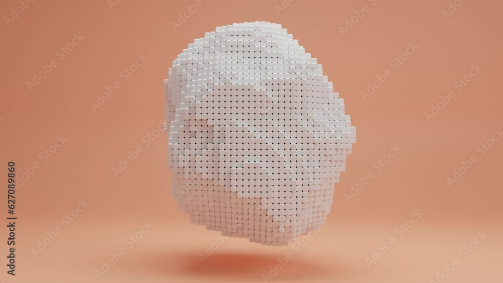 Poster loop 3d animation of a pixelated white cloud, a crumpled sphere of many cubes on a pink background. 
