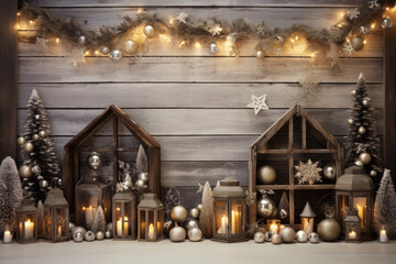 Fototapeta na wymiar Rustic Christmas Delight: Photorealistic background with Christmas lights, pine leaves, lanterns, balls, and garland on a wood-themed setting. AI Generative