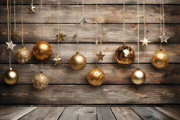 Rustic Christmas Delight: Photorealistic background with golden Christmas stars and balls on a wood-themed setting. AI Generative