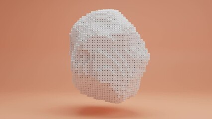 Loop 3d animation of a pixelated white cloud, a crumpled sphere of many cubes on a pink background. The cloud changes the shape and size of the cubes. The idea of digital technologies and NFT art. - Powered by Adobe