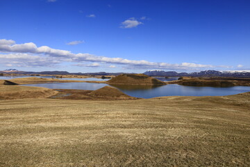 Mývatn is a shallow lake located in an area of active volcanism in northern Iceland, near the Krafla volcano