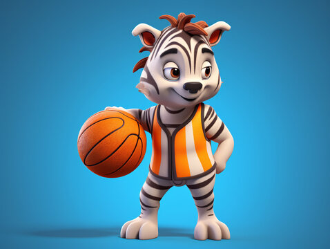 A Cute 3D Zebra Playing Basketball on a Solid Color Background | Generative AI