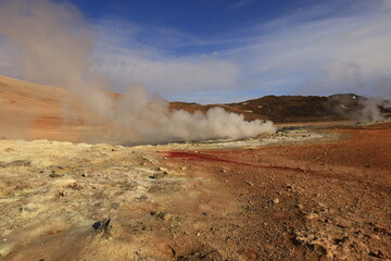 Hverarönd is a hydrothermal site in Iceland with hot springs, fumaroles, mud ponds and very active solfatares. It is located in the north of Iceland