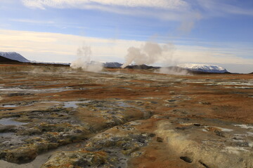 Hverarönd is a hydrothermal site in Iceland with hot springs, fumaroles, mud ponds and very active solfatares. It is located in the north of Iceland, east of the town of Reykjahlíð