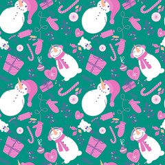 Christmas snowman seamless candy and flower and gift box and gloves pattern for wrapping paper and fabrics