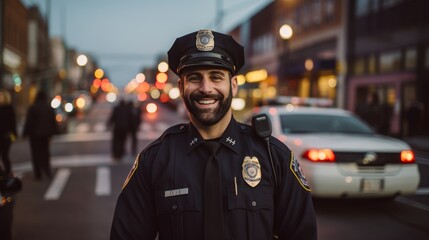 A policeman in the street smiling for the camera - obrazy, fototapety, plakaty