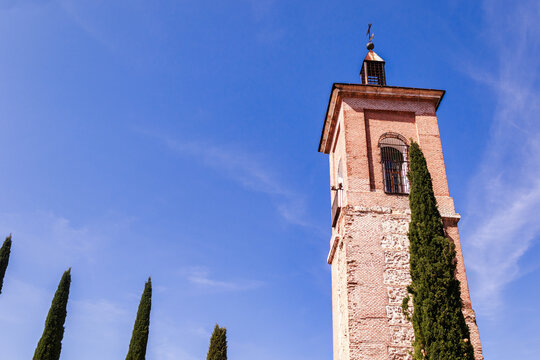 Torre de Santa Maria Alcala de Henares, historic bell tower monument detail in Madrid, Spain. 