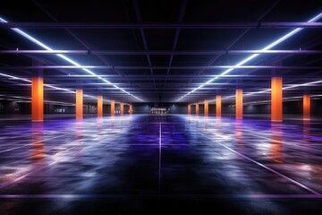 Neon underground car parking. Modern nightlife. Generative ai