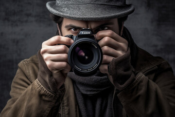 Obraz premium World photography day. Photo, its history and photographers. Technology, hobby and work. Creativity and beautiful picture made by photo camera. Equipment for paparazzi.