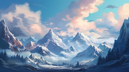 Fantasy winter landscape with snow-capped mountains. Generative AI