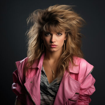 80s Glamour Revival. Studio Portrait of a Female with a Mullet Hairstyle. AI Generative Photography