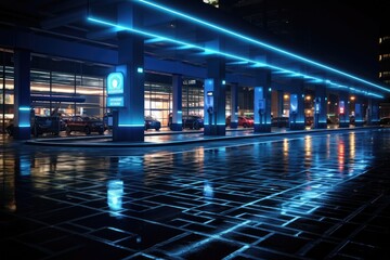 Obraz na płótnie Canvas Neon underground car parking. Modern nightlife. Generative ai