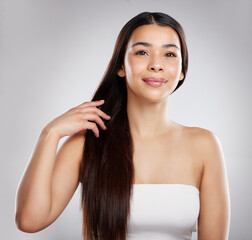 Woman with smile in portrait, hair and beauty with hairstyle and shine, haircare and growth...
