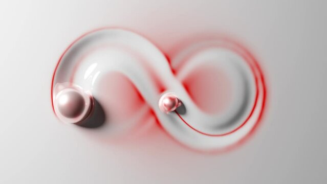 Loop 3d animation of the infinity sign, the figure of eight. The sign appears as a trace, following the movement of the spheres on a soft caramel, milky white surface. Abstract infinite animation.