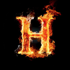 Capital letter H consisting of a flame. Burning letter H. Letter of fire flames alphabet on black background.
