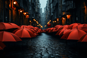 City backdrop, red umbrella distinct among black umbrellas Generative AI