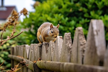 Obraz premium Squirrel standing on a wooden fence