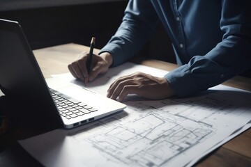 Fototapeta premium Male engineer or architecture man working on laptop and plans
