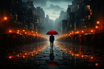 Cityscape, red umbrella shines amidst sea of black ones Generative AI