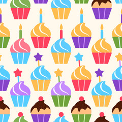 Colorful flat cupcake seamless pattern design. Festive Birthday party muffin on yellow background. Tasty dessert with vanilla cream candy berry Wrapping paper wallpaper repeat tile vector illustration