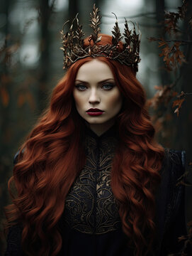 portrait of a woman in the forest with long, red wavy hair and crown. 