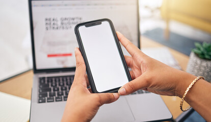 Hands, phone and mockup with a woman in her home for research, communication or remote work as a freelance employee. Mobile, networking or ecommerce with a female entrepreneur working in a house