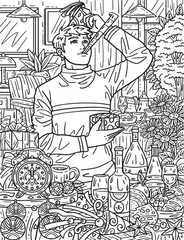Fototapeta na wymiar New Year Man and Party Horn Adults Coloring Page 