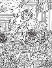 New Year Boy with Basket of Fruits Adults Coloring