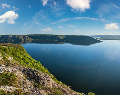 Amazing spring sunset view on the Dnister River Canyon, Bakota Bay, Khmelnytsky region, Ukraine.