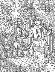 Fototapeta na wymiar New Year Girl with Balloons Adults Coloring Page 