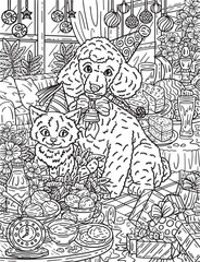 Fototapeta na wymiar New Year Cat and Dog Party Hats Adults Coloring 