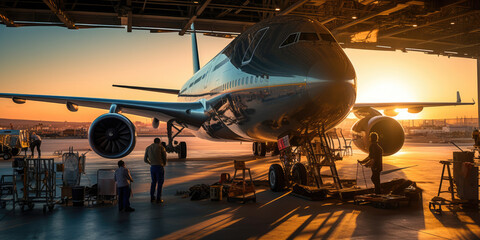 Early Flight Glimpse. Aviation Hangar's Observation Deck with Sunrise View. Travel Adventure Concept 