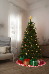 Fototapeta na wymiar Festive Winter Holiday Spirit Home Ambience: Warm and Cozy Animation Style Illustration of a Christmas Tree With Xmas Presents By The Sofa in the Living Room Generative Ai