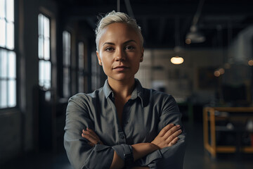 Fototapeta premium Portrait of purposeful female entrepreneur standing with her arms crossed on her chest in a dark office with openspace office in the background